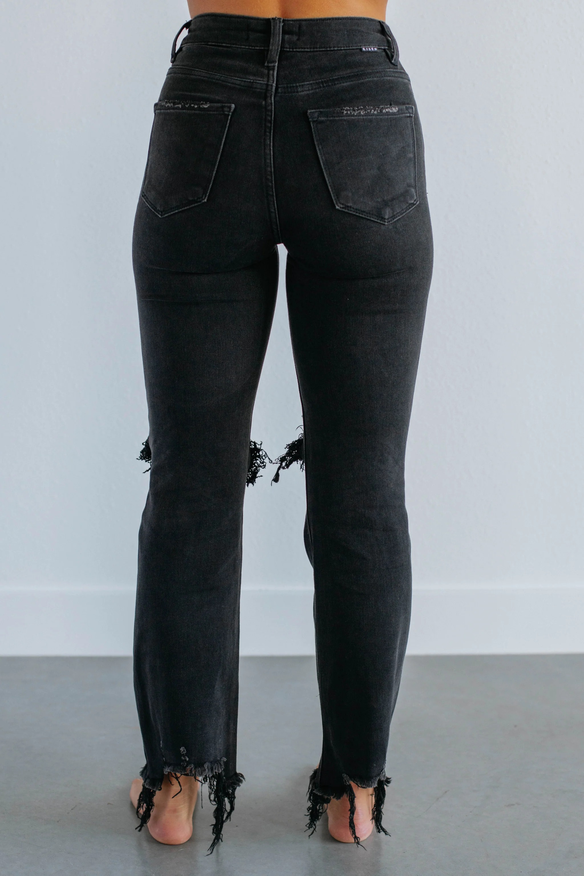 Women's Distressed Stretch High Rise Straight Jeans