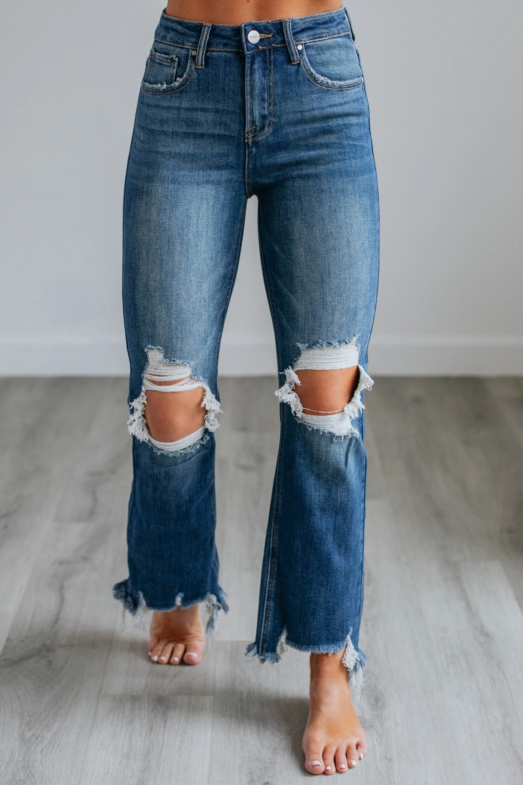 Women's Distressed Stretch High Rise Straight Jeans