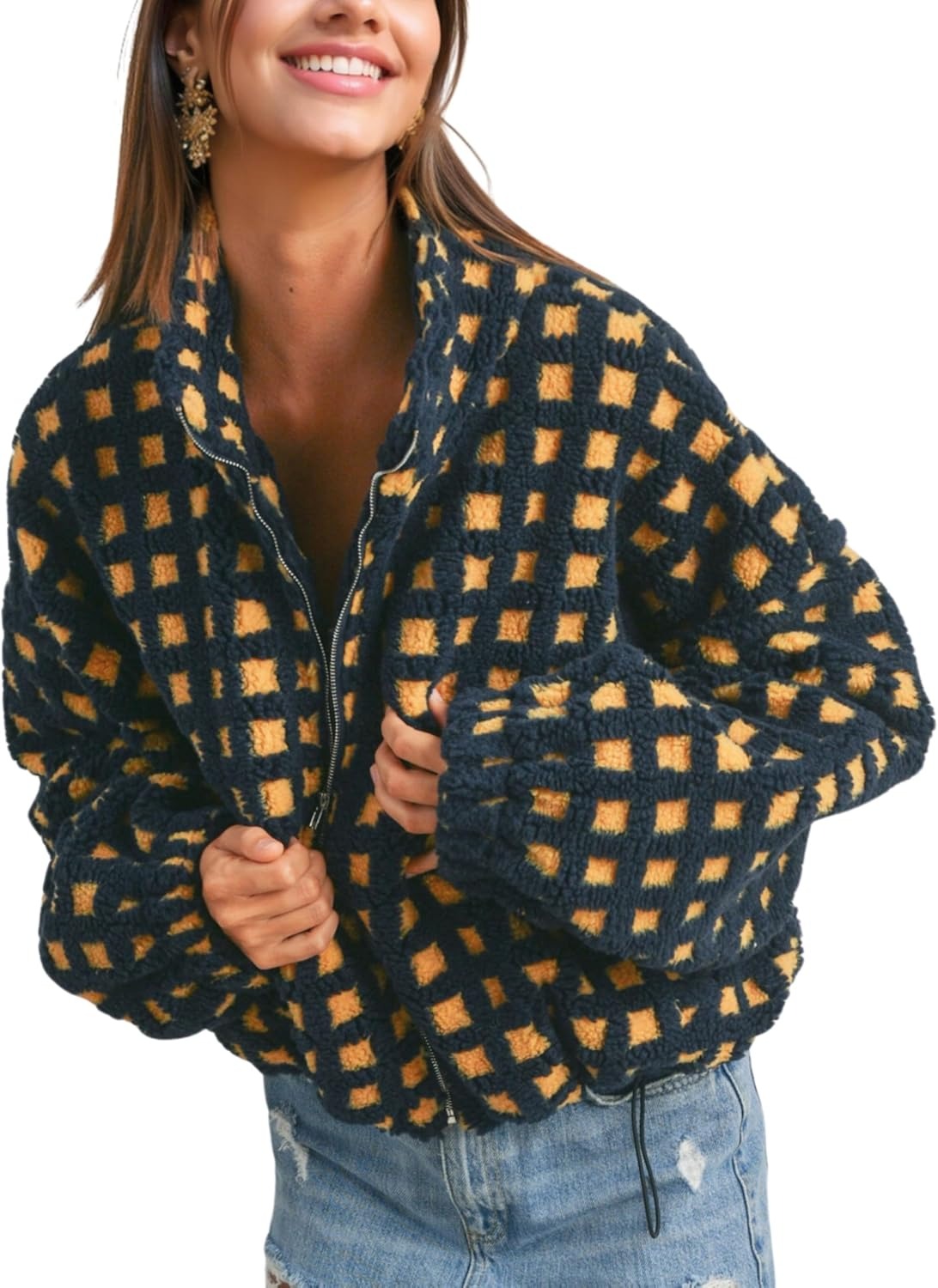 Women’s Cropped Sherpa Fleece Plaid Jacket Chunky Teddy Fleece Outerwear