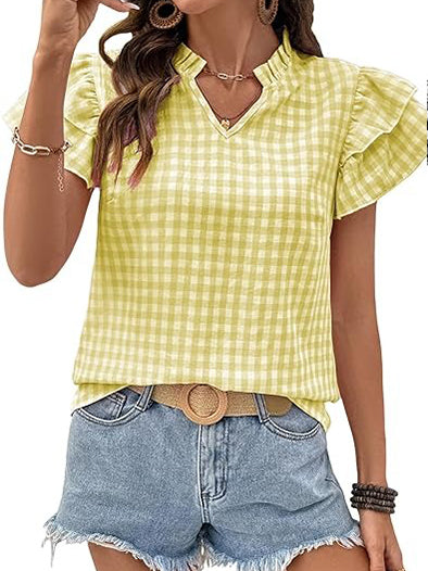 Womens V Neck Ruffle Short Sleeve Gingham Shirts