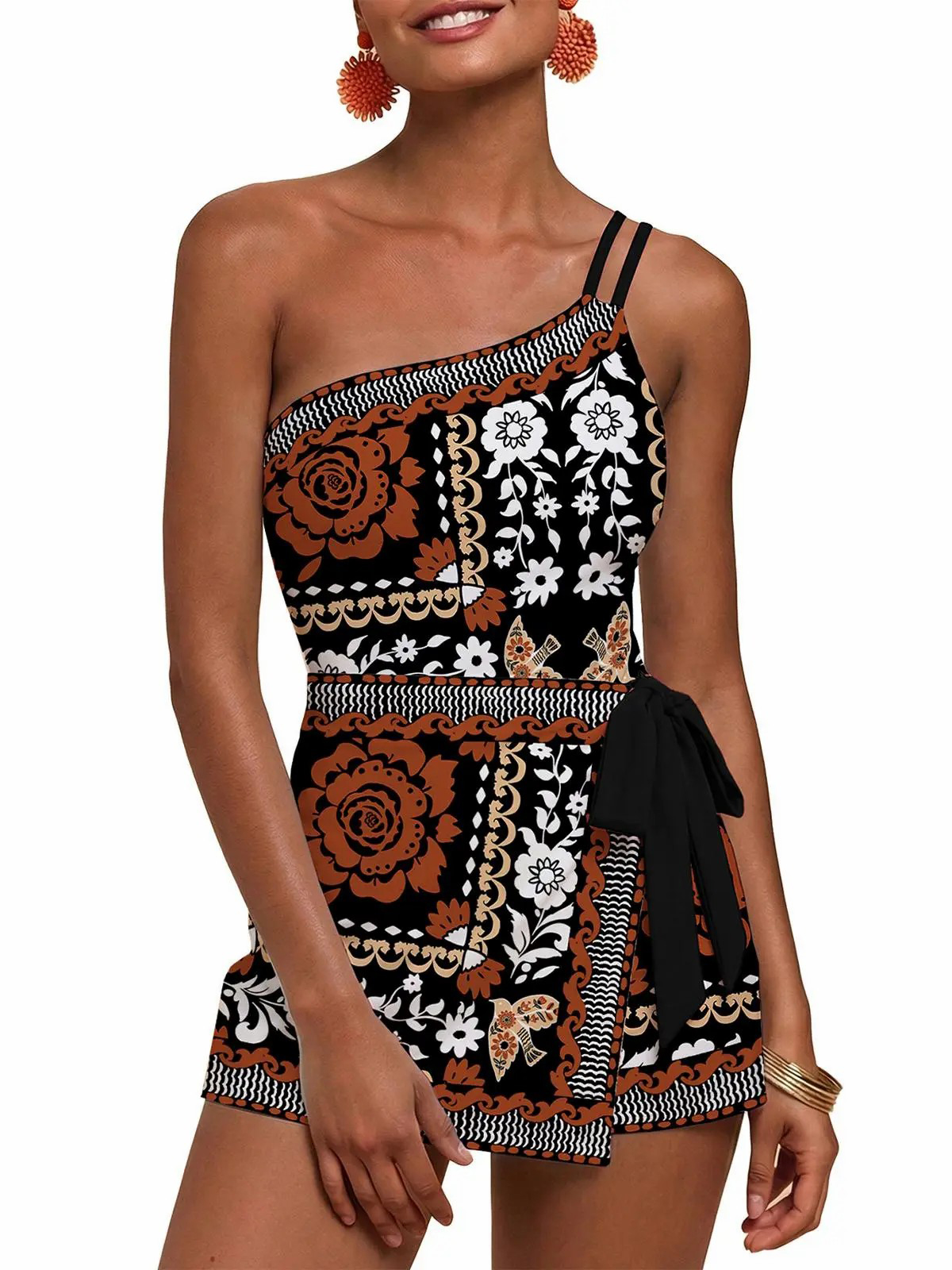 Womens One Shoulder Floral One Piece Swim Dress Tankini Set 