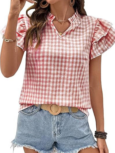 Womens V Neck Ruffle Short Sleeve Gingham Shirts