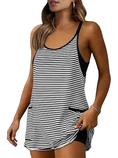 ⏰Hot Sale-Women's Striped V-Neck Athletic Mini Dress with Built-in Shorts