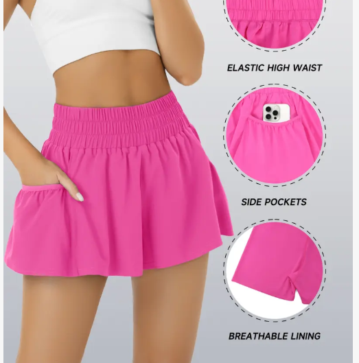 Women High Waisted Elastic Running Shorts Gym Workout Flowy Shorts with Pockets