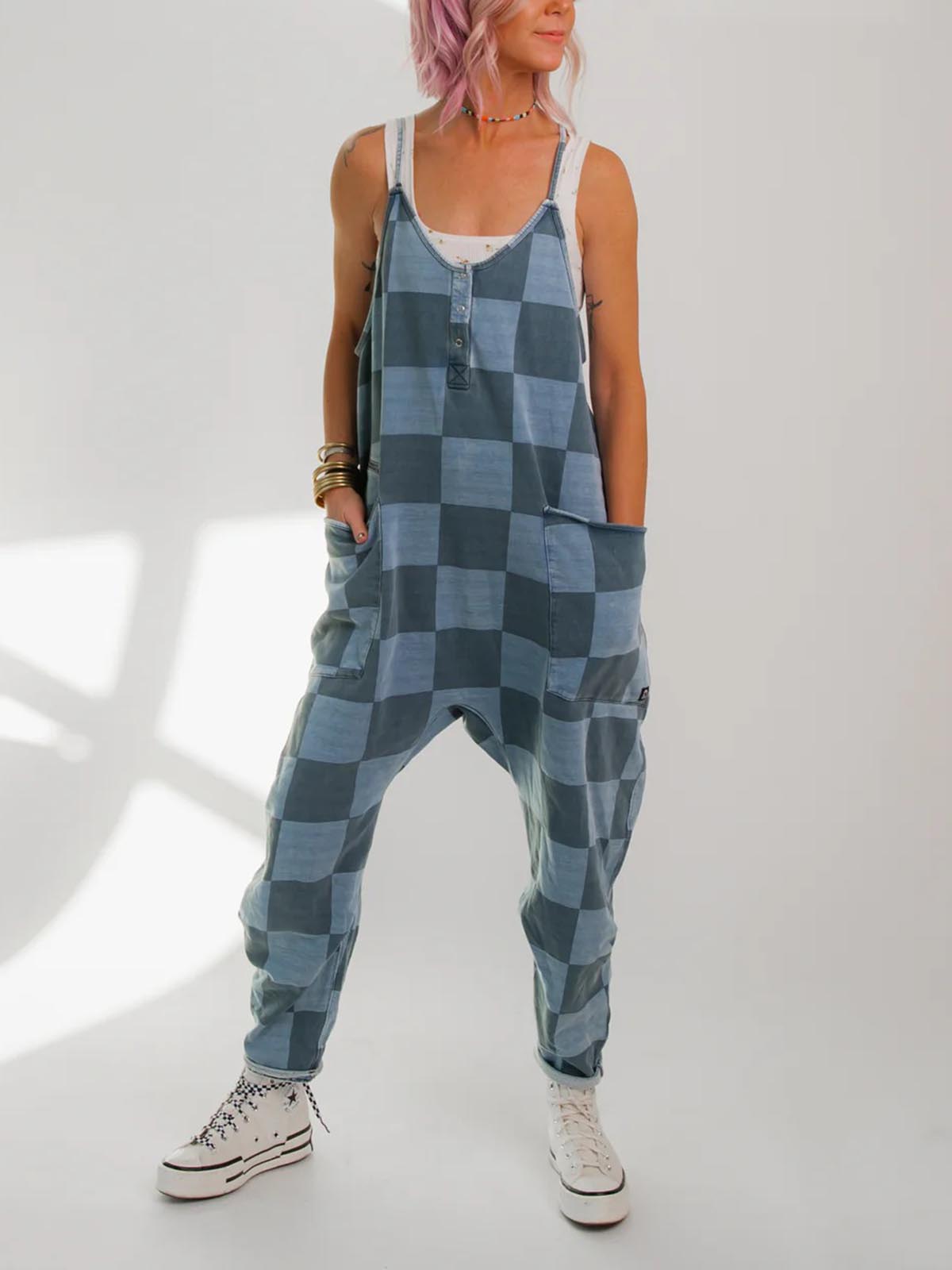 Women's Denim Button Neck Suspender Jumpsuit Casual Overalls(BUY 2 FRRE SHIPPING)