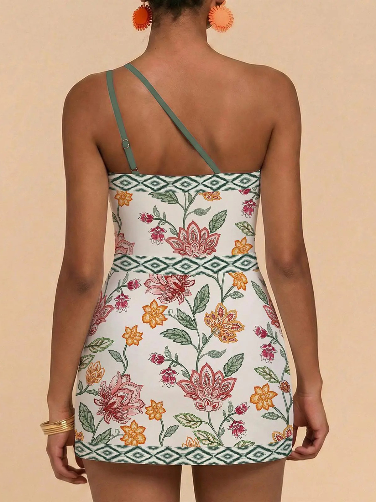 Womens One Shoulder Floral One Piece Swim Dress Tankini Set 