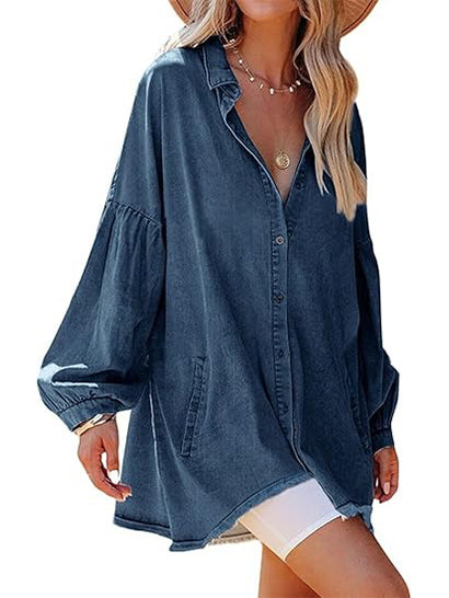 Women's Oversized Denim Shirt Dress With Pockets