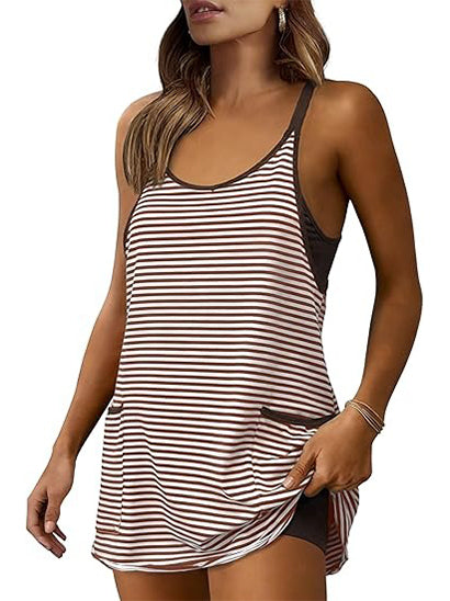 ⏰Hot Sale-Women's Striped V-Neck Athletic Mini Dress with Built-in Shorts