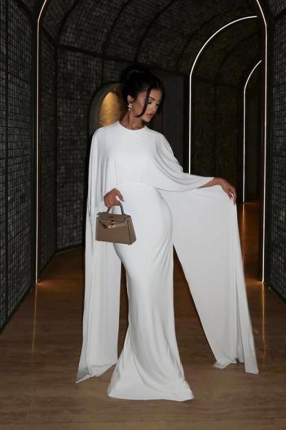Shinning White Sleeveless Pleated Long Formal Dress With Shawl