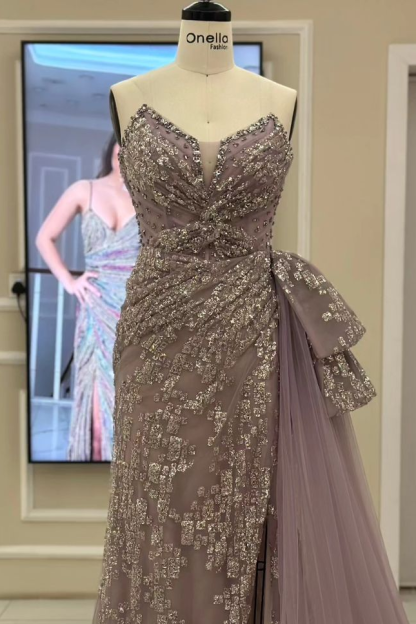 Strapless Sleeveless Beadings Tulle Pleated Long Formal Dress With Split