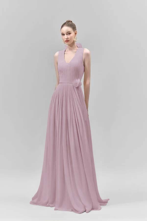 Chic Sleeveless Straps V Neck Long Formal Dress With Pleated Belt