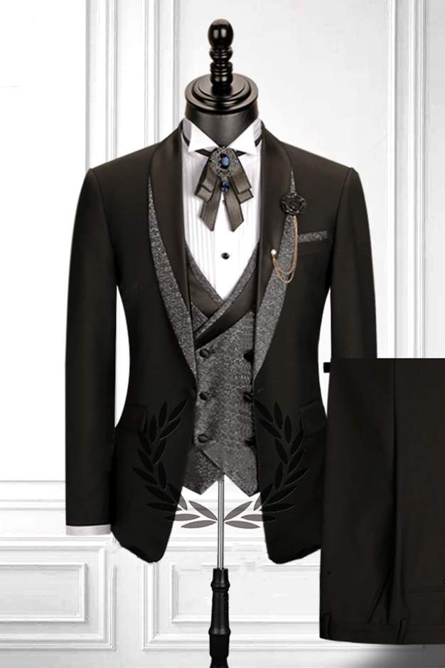 Modern Stitching Double-Breasted Waistcoat Black Three-Piece Men's Suit with Shawl Lapel