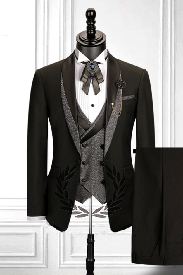 Modern Stitching Double-Breasted Waistcoat Black Three-Piece Men's Suit with Shawl Lapel