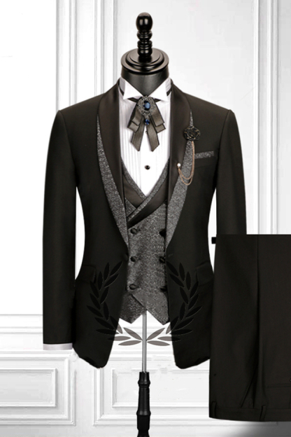 Modern Stitching Double-Breasted Waistcoat Black Three-Piece Men's Suit with Shawl Lapel