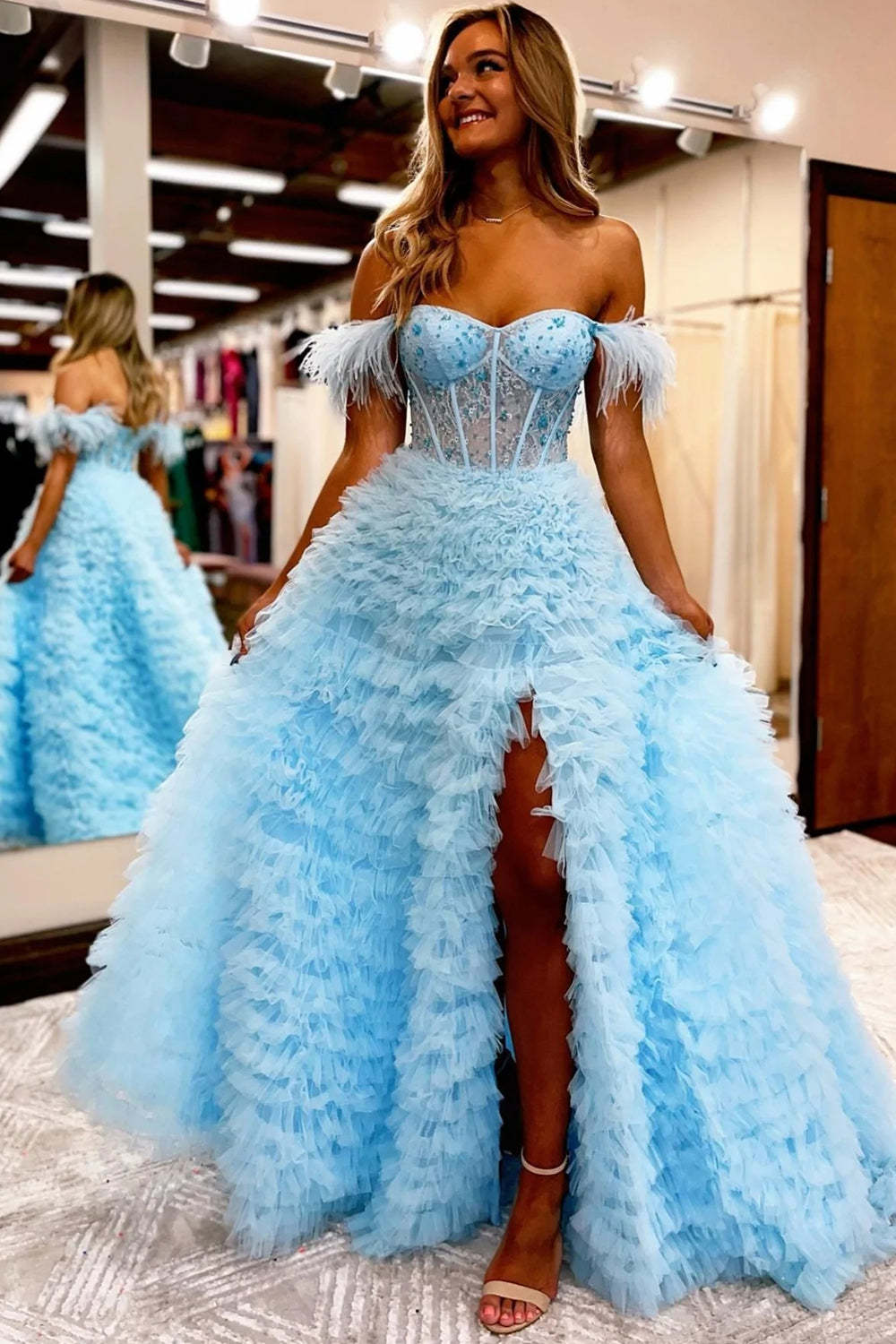 Purple Long Prom Dress with Feathers �?Off-the-Shoulder A-Line Princess Style
