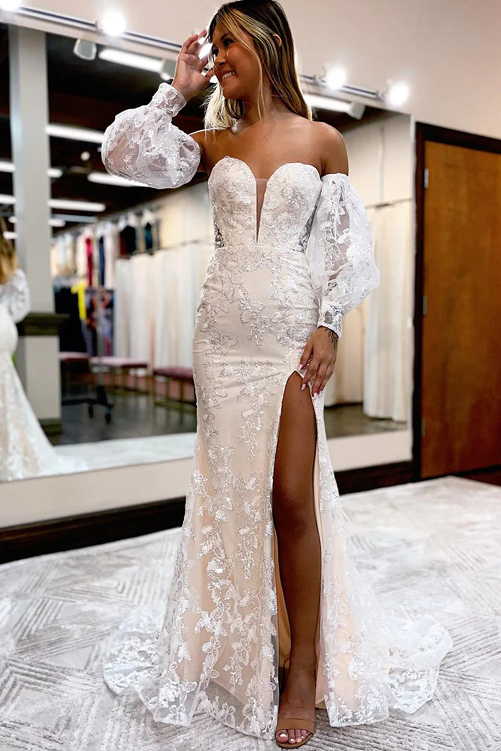 Long Sweetheart Prom Dress with Blue Detachable Lace Sleeves and Slit