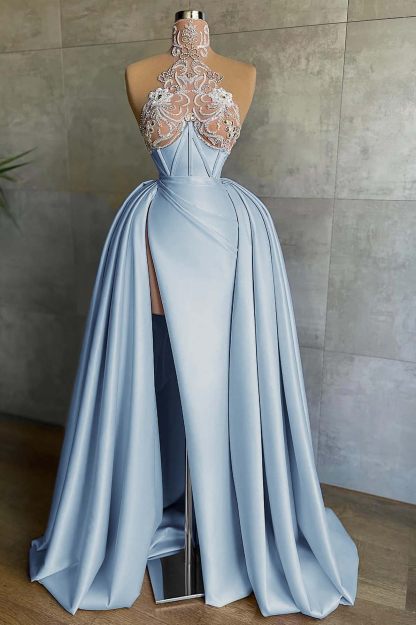 Halter Sleeveless Mermaid Split Long Formal Dress With Appliques