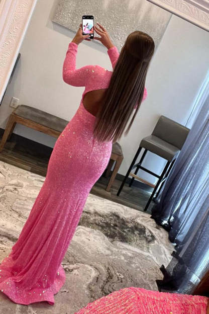Long Pink Sequins Prom Dress with Deep V Neck and Front Split Sheath
