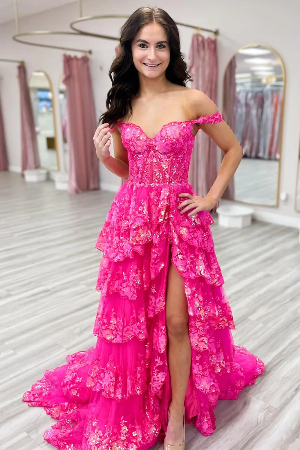 Ocean Blue Off-the-Shoulder Princess A-Line Corset Prom Dress with Lace Ruffles