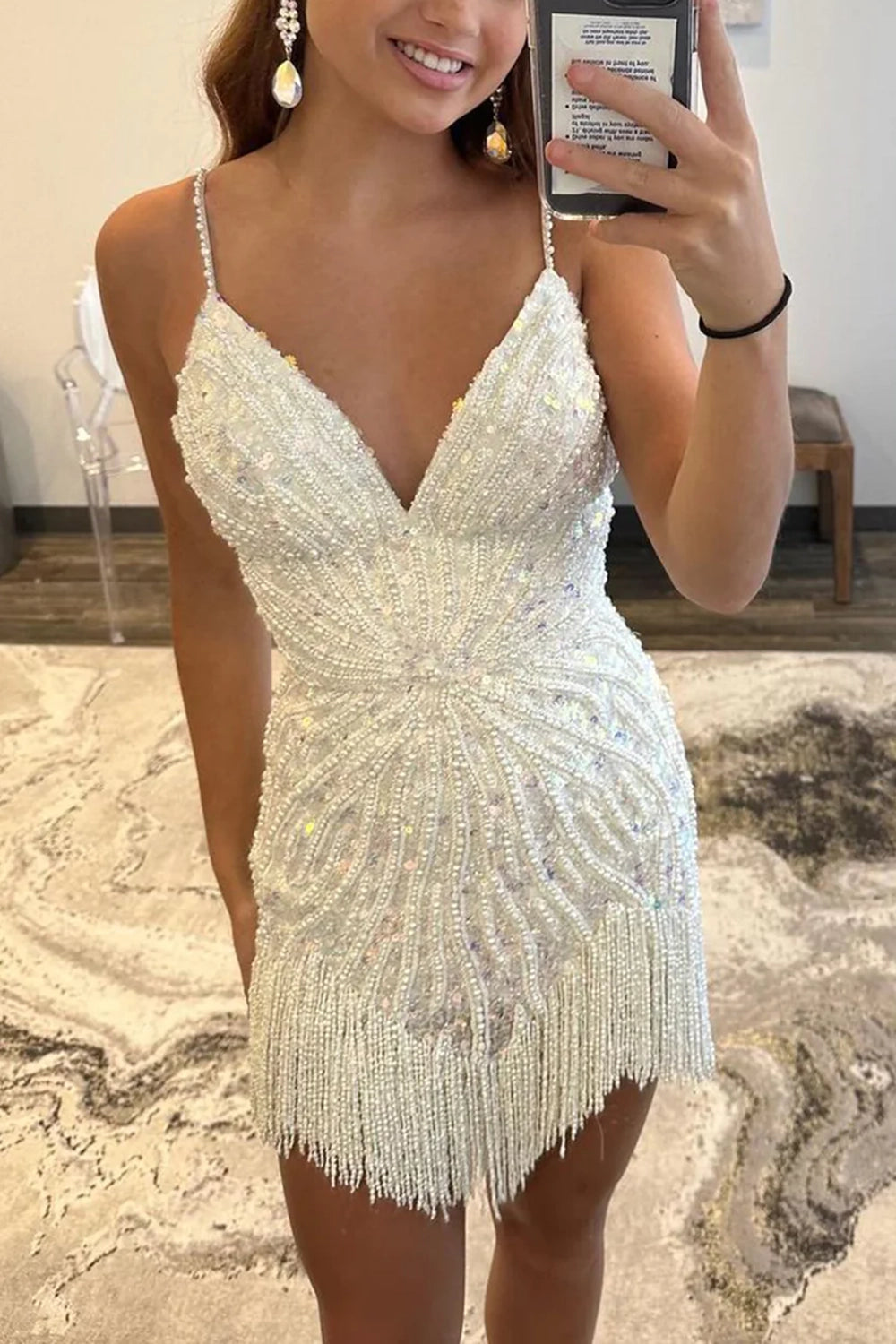 Short Homecoming Dress in White with Sequins Spaghetti Straps and Tassel