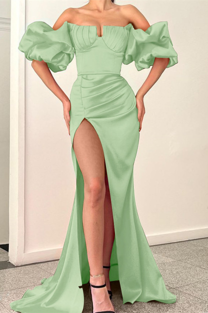 Fuchsia Strapless Mermaid Off-The-Shoulder Puff Sleeves Evening Dress With Split