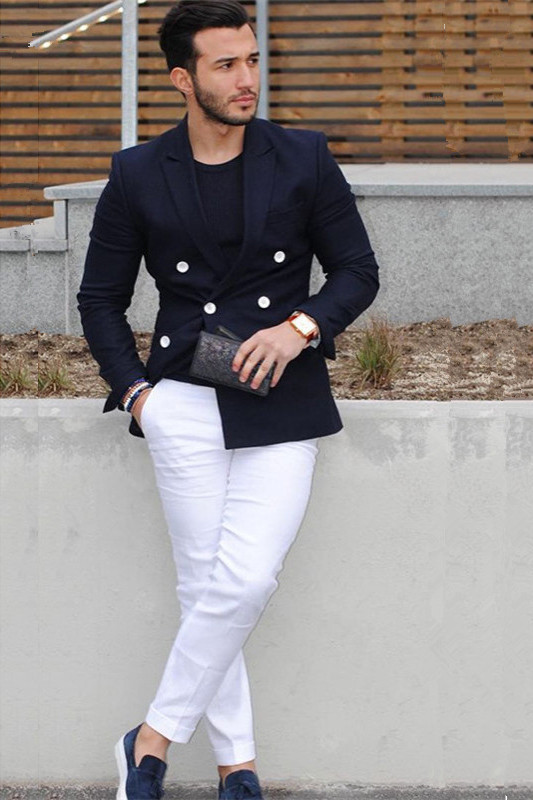 Modern Dark Navy Slim Fit Double-Breasted cocktail Tuxedos with Peaked Lapel