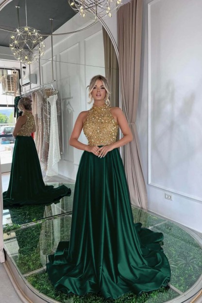 Elegant Sequins Formal Dress Gold Black Long Sleeveless Halter