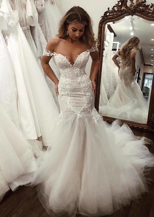 Stunning Off-the-Shoulder Mermaid Sweetheart Wedding Dresses with Tulle