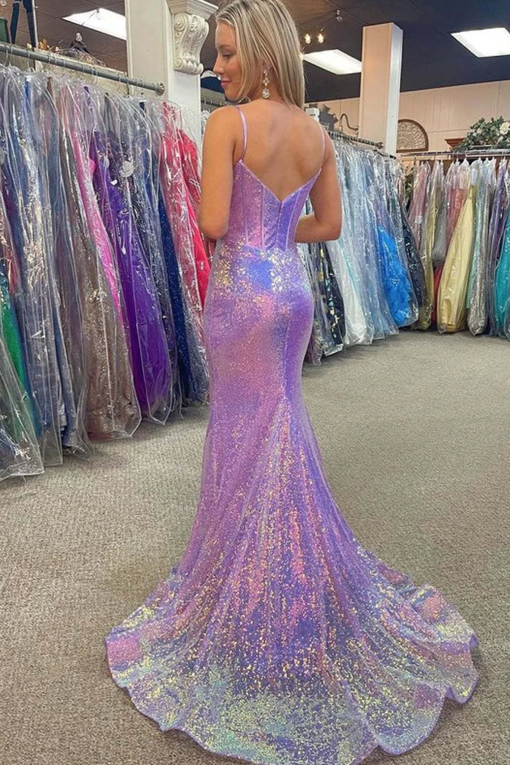 Long Mermaid Prom Dress with Sparkly Pink Sequins and Corset