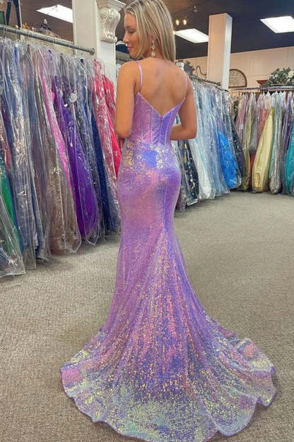 Long Mermaid Prom Dress with Sparkly Pink Sequins and Corset