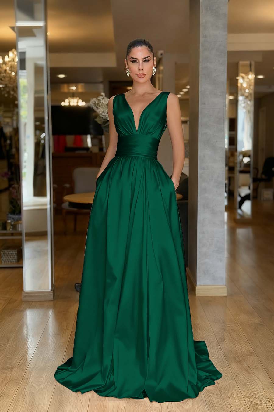 Straps Sleeveless High Waist Long Formal Dress With Pockets Pleated