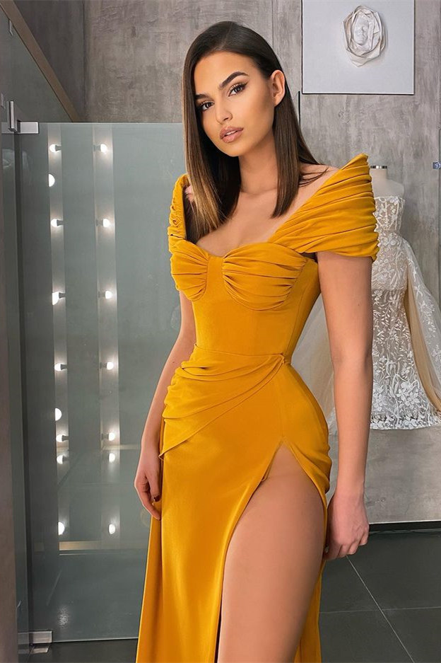 Off the Shoulder Sweetheart Long High Split Mermaid Formal Dress With Pleated