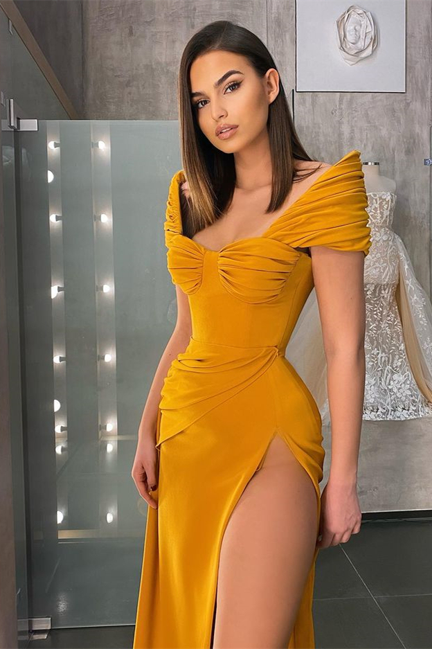 Off the Shoulder Sweetheart Long High Split Mermaid Formal Dress With Pleated