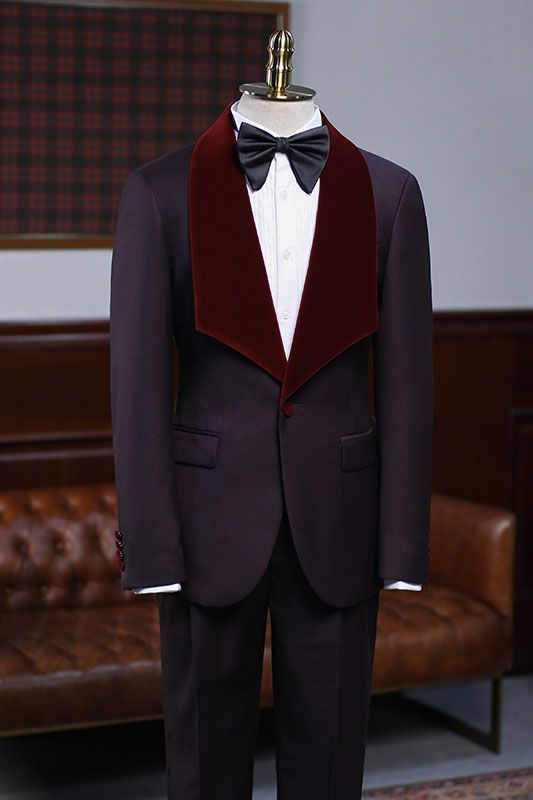 Alexander Unique Burgundy with Velvet Lapel Two-Piece Wedding Suit for Grooms