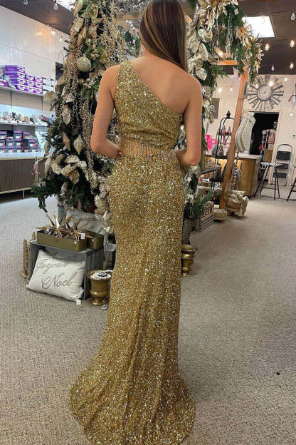 Golden Sequin Mermaid Prom Dress with Front Split and One Shoulder