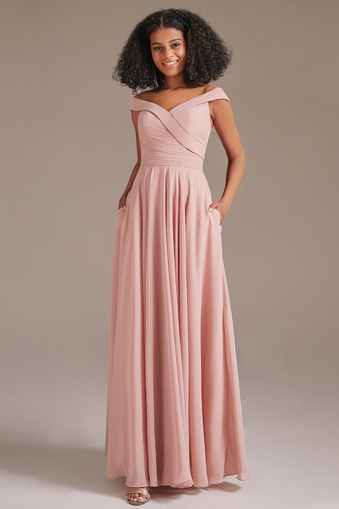Off-the-Shoulder Pink Bridesmaid Dress with Pockets