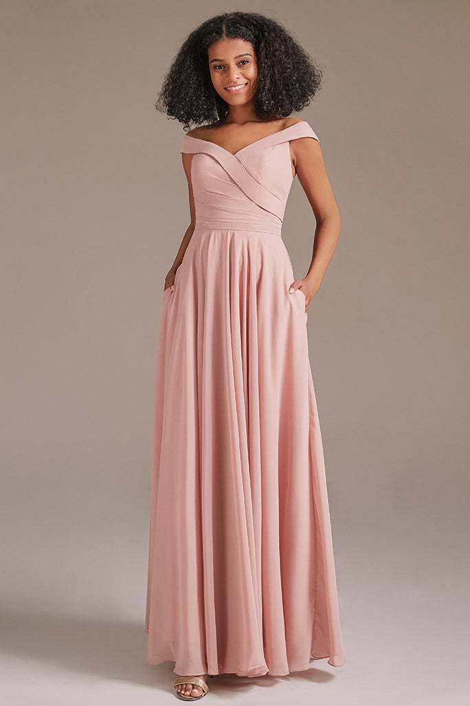 Off-the-Shoulder Pink Bridesmaid Dress with Pockets