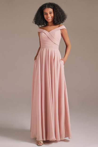 Off-the-Shoulder Pink Bridesmaid Dress with Pockets