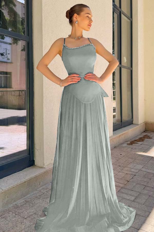 Spaghetti Strap Sleeveless Long Formal Dress With Pleated Sequins