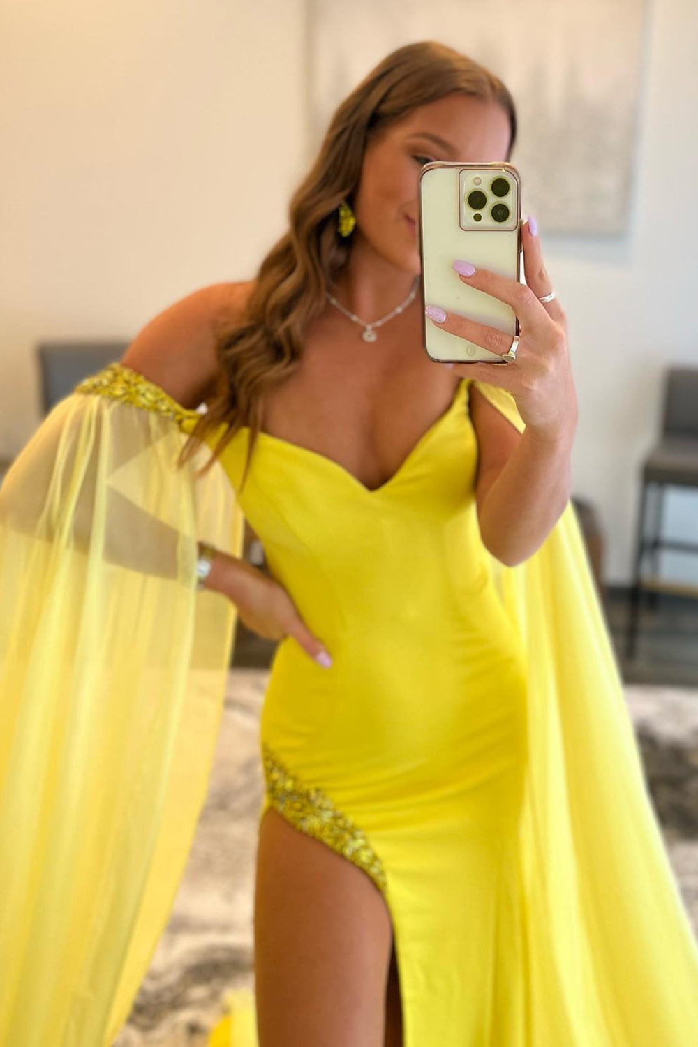 Yellow Long Prom Dress with Slit in A-Line Off-the-Shoulder Style