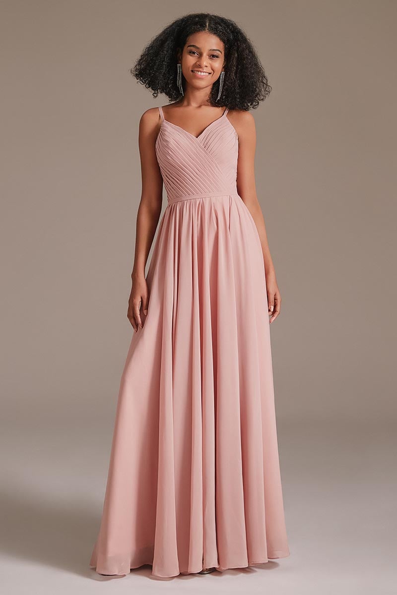 Chiffon Spaghetti-Straps Pleated Pink Bridesmaid Dress