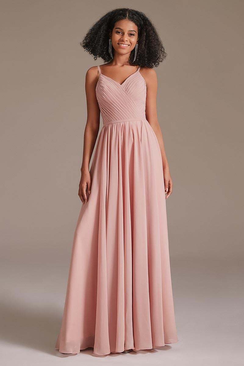 Chiffon Spaghetti-Straps Pleated Pink Bridesmaid Dress