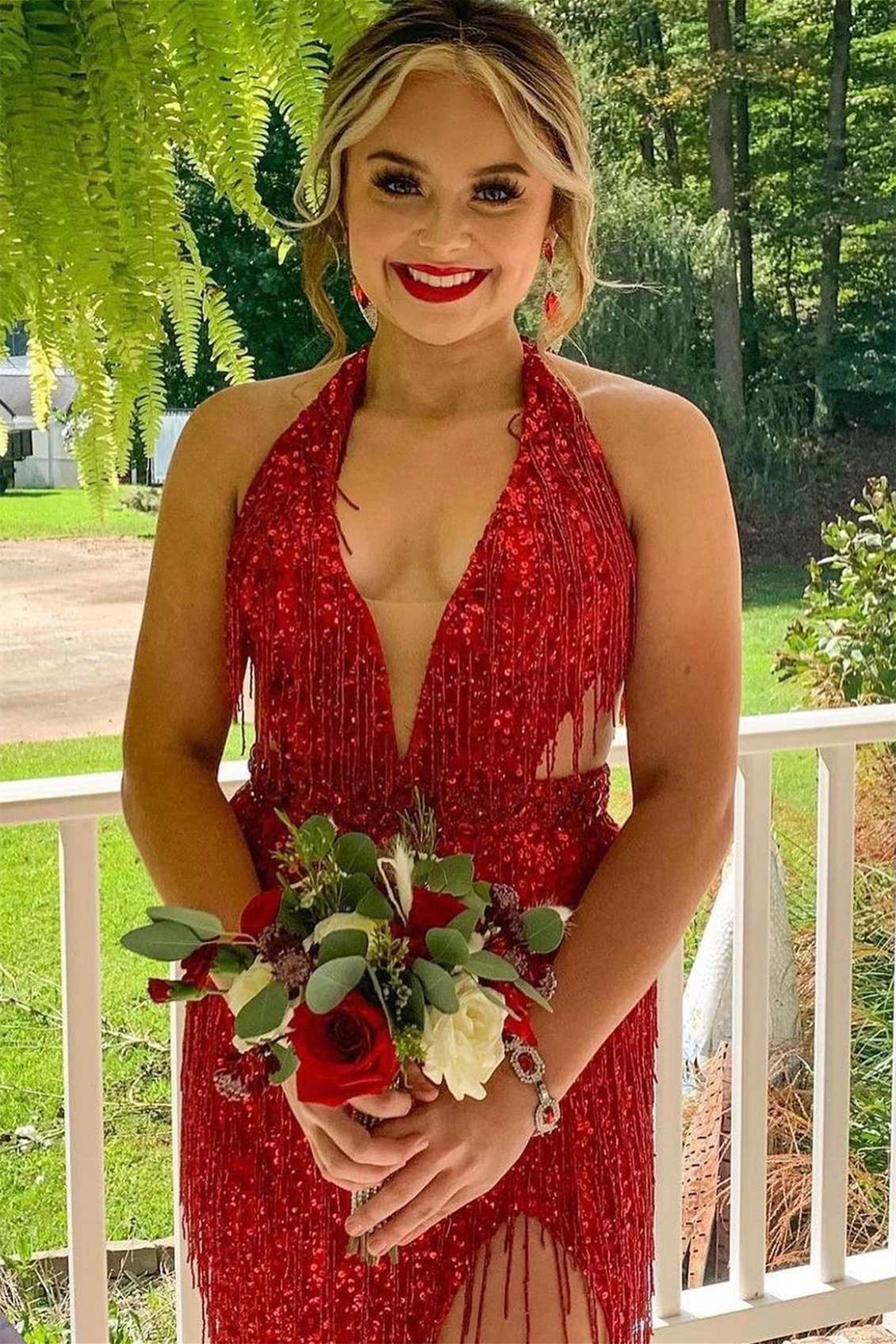 Red Halter V-Neck Sequins Mermaid Wedding Dress with Tassels