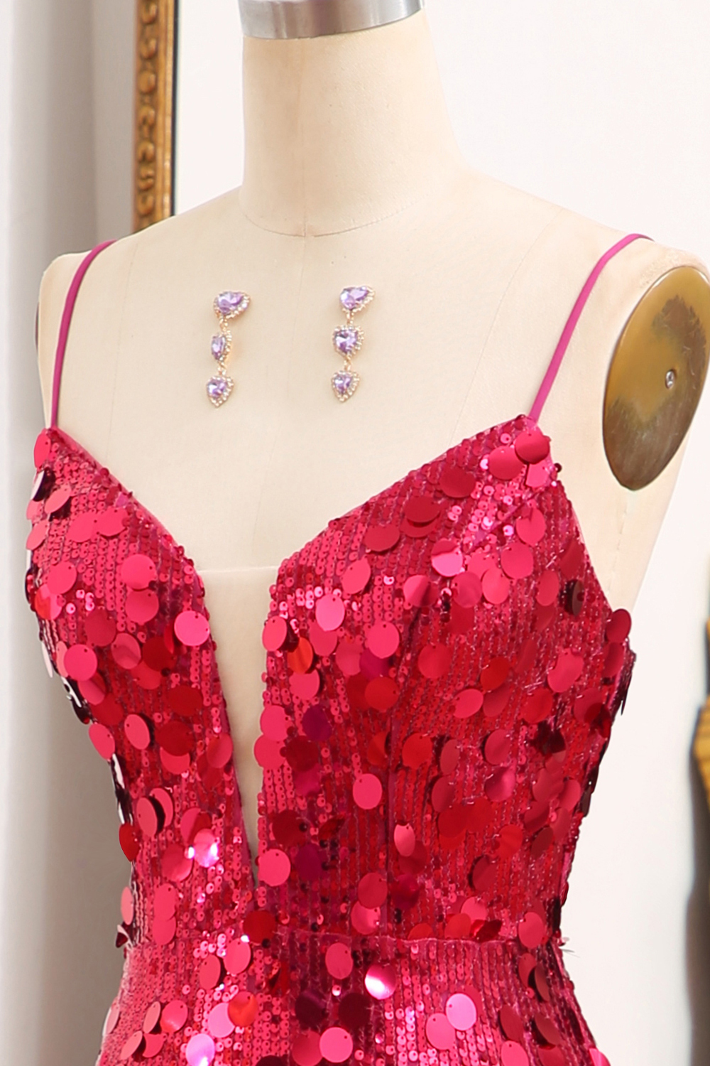 Long Sparkly Purple Prom Dress with Mermaid Silhouette Spaghetti Straps Sequins and Slit