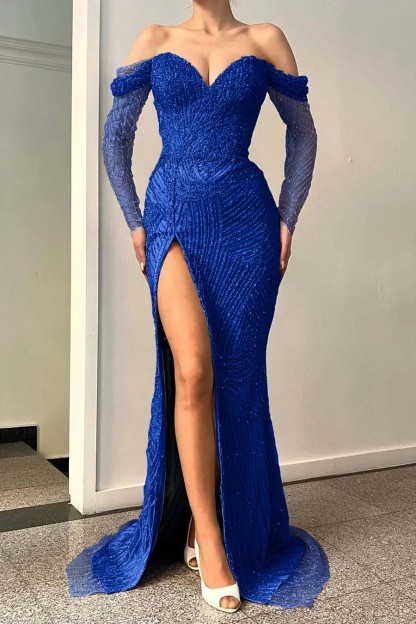 Blue Long Sleeves Off-The-Shoulder Sequins Evening Dress Sweetheart With Split Mermaid