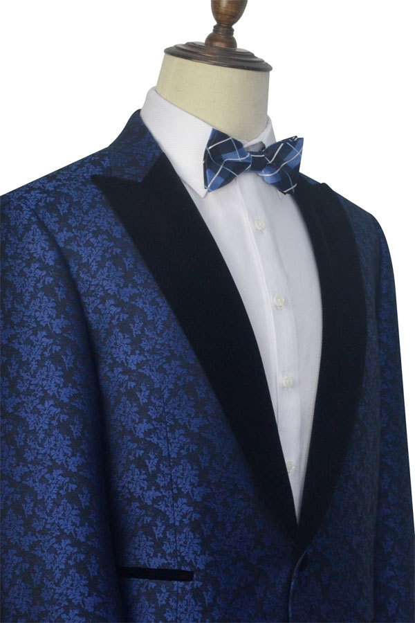 Blue Floral Pattern Tuxedos for Wedding with Black Velvet Peak Collar Prom Suits