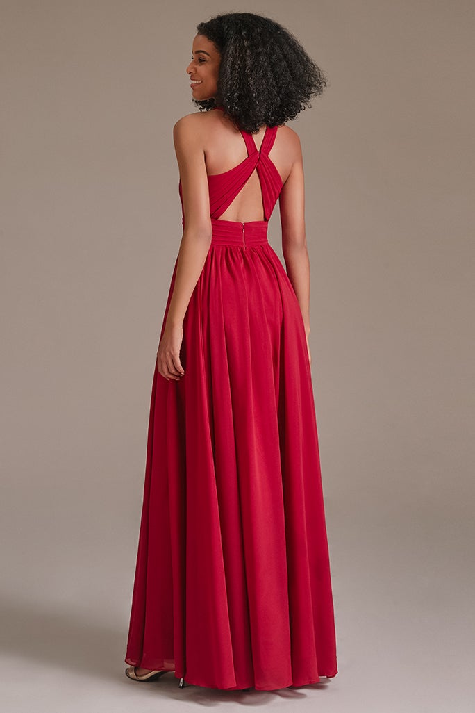 Chiffon Red Halter Bridesmaid Dress