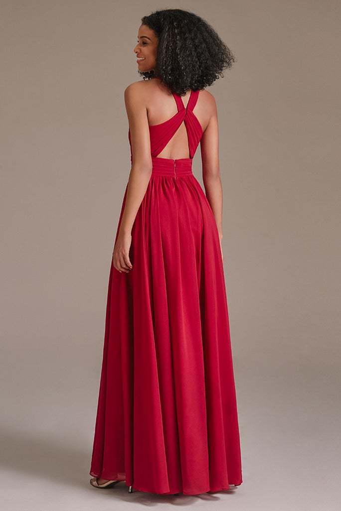 Chiffon Red Halter Bridesmaid Dress