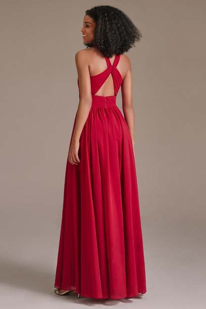 Chiffon Red Halter Bridesmaid Dress