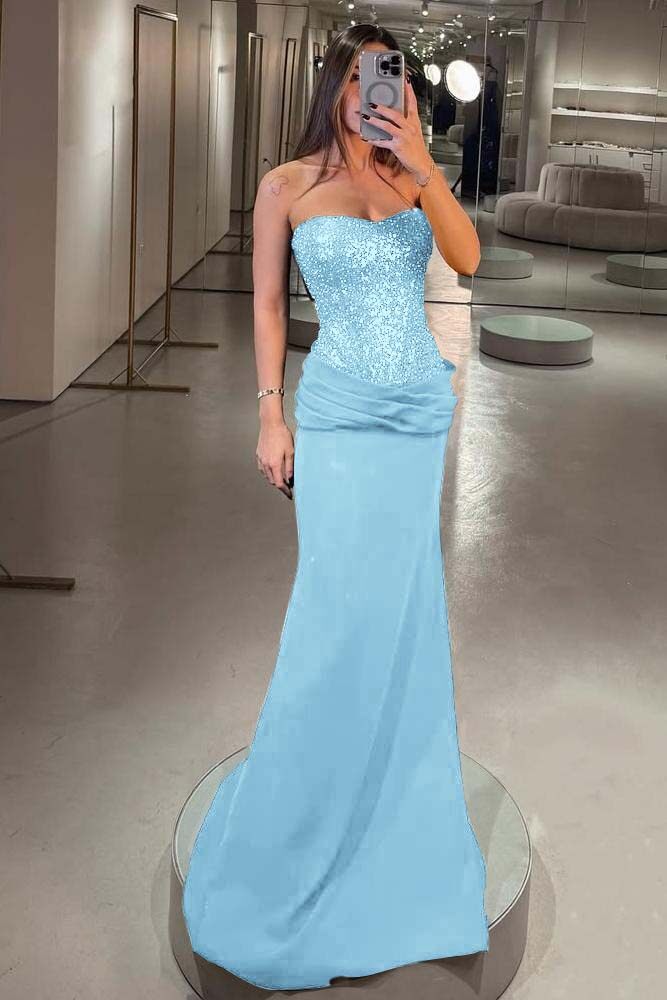 Strapless Sleeveless Long Mermaid Formal Dress With Pleated Sequins